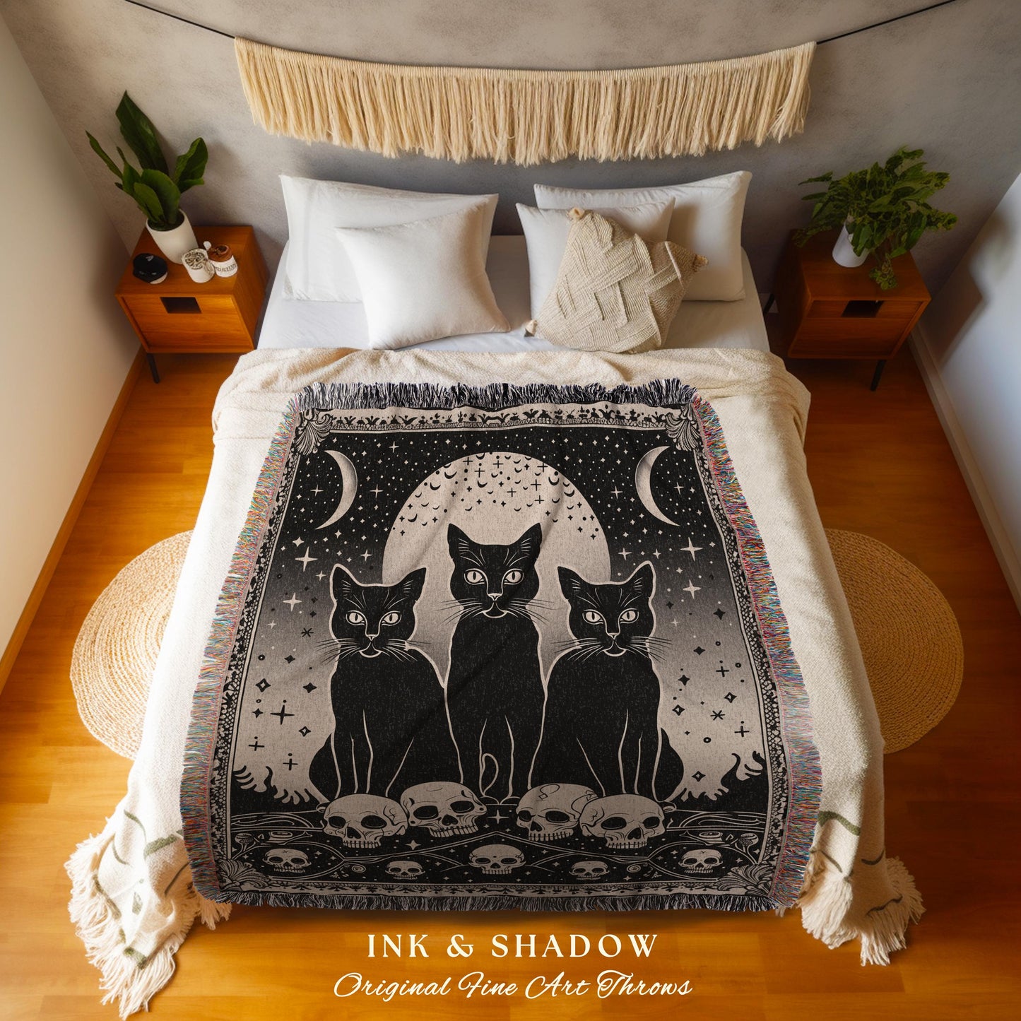 Retro Gothic Cozy Cat Blanket Magic Occult Indie Grunge Tapestry Throw | Black Cat Skull Decor Mystical Blanket Whimsigoth Unique Dorm Decor