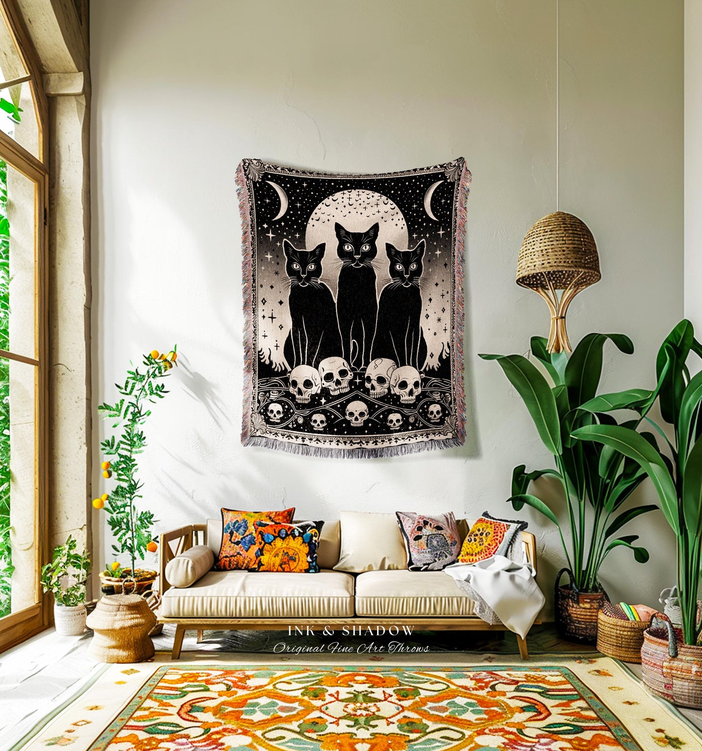 Retro Gothic Cozy Cat Blanket Magic Occult Indie Grunge Tapestry Throw | Black Cat Skull Decor Mystical Blanket Whimsigoth Unique Dorm Decor