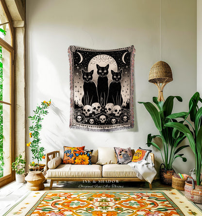 Retro Gothic Cozy Cat Blanket Magic Occult Indie Grunge Tapestry Throw | Black Cat Skull Decor Mystical Blanket Whimsigoth Unique Dorm Decor