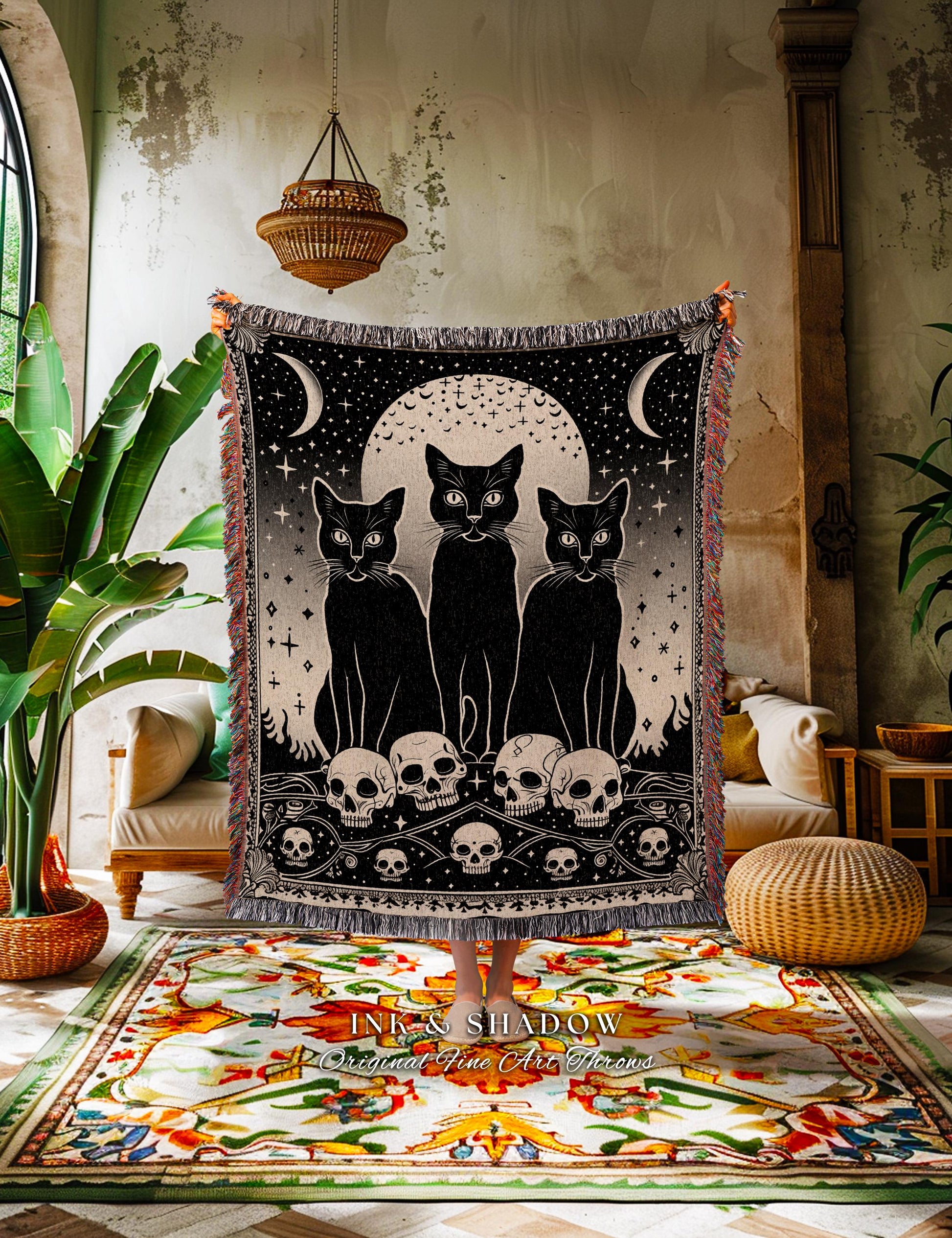 Retro Gothic Cozy Cat Blanket Magic Occult Indie Grunge Tapestry Throw | Black Cat Skull Decor Mystical Blanket Whimsigoth Unique Dorm Decor