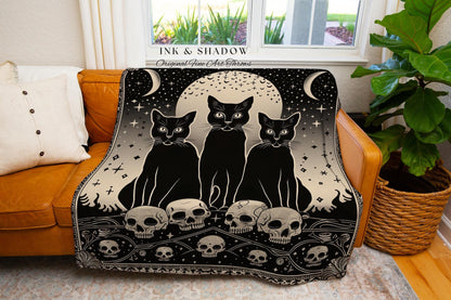 Retro Gothic Cozy Cat Blanket Magic Occult Indie Grunge Tapestry Throw | Black Cat Skull Decor Mystical Blanket Whimsigoth Unique Dorm Decor