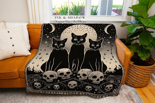Retro Gothic Cozy Cat Blanket Magic Occult Indie Grunge Tapestry Throw | Black Cat Skull Decor Mystical Blanket Whimsigoth Unique Dorm Decor