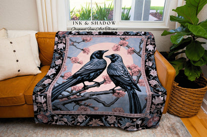 Moonlit Raven Tapestry Throw Light Gothic Woodland Ethereal Forest Floral Cottagecore, Enchanted Nature Full Moon Whimsigothic Crowcore Art