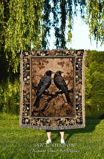 Baroque Aesthetic Home Decor Raven Blanket Golden Goth Tapestry Blanket Woven Black Crow Dark Cottagecore Blanket Whimsigoth Witchy Decor