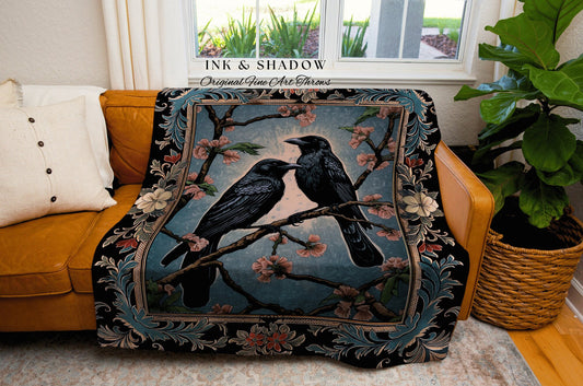 Dark Cottagecore Bird Home Decor Gothic Raven Tapestry Blanket Woven Crow Decor Dark Academia Tapestry Woven Blanket Whimsigoth Room Decor