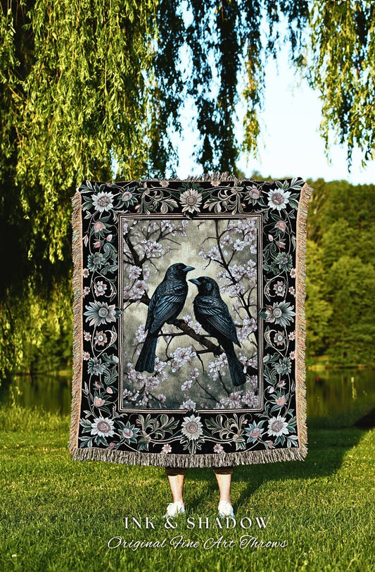 Whimsigoth Floral Raven Woven Throw Crowcore Whimsical Tapestry Fairycore Light Gothic Home Decor Vintage Aesthetic Cottagecore Gift