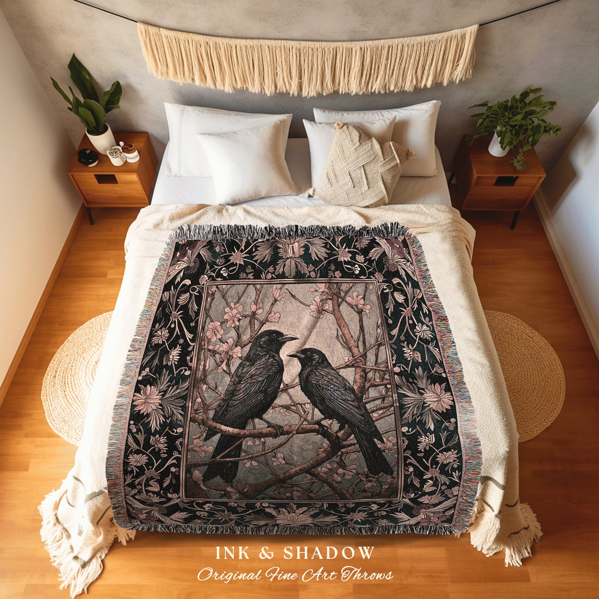 Boho Fairycore Decor Raven Aesthetic Cottagecore Room Decor Crow Gothic Blanket Tapestry Woven Black Raven Art Decor Whimsigoth Room Decor