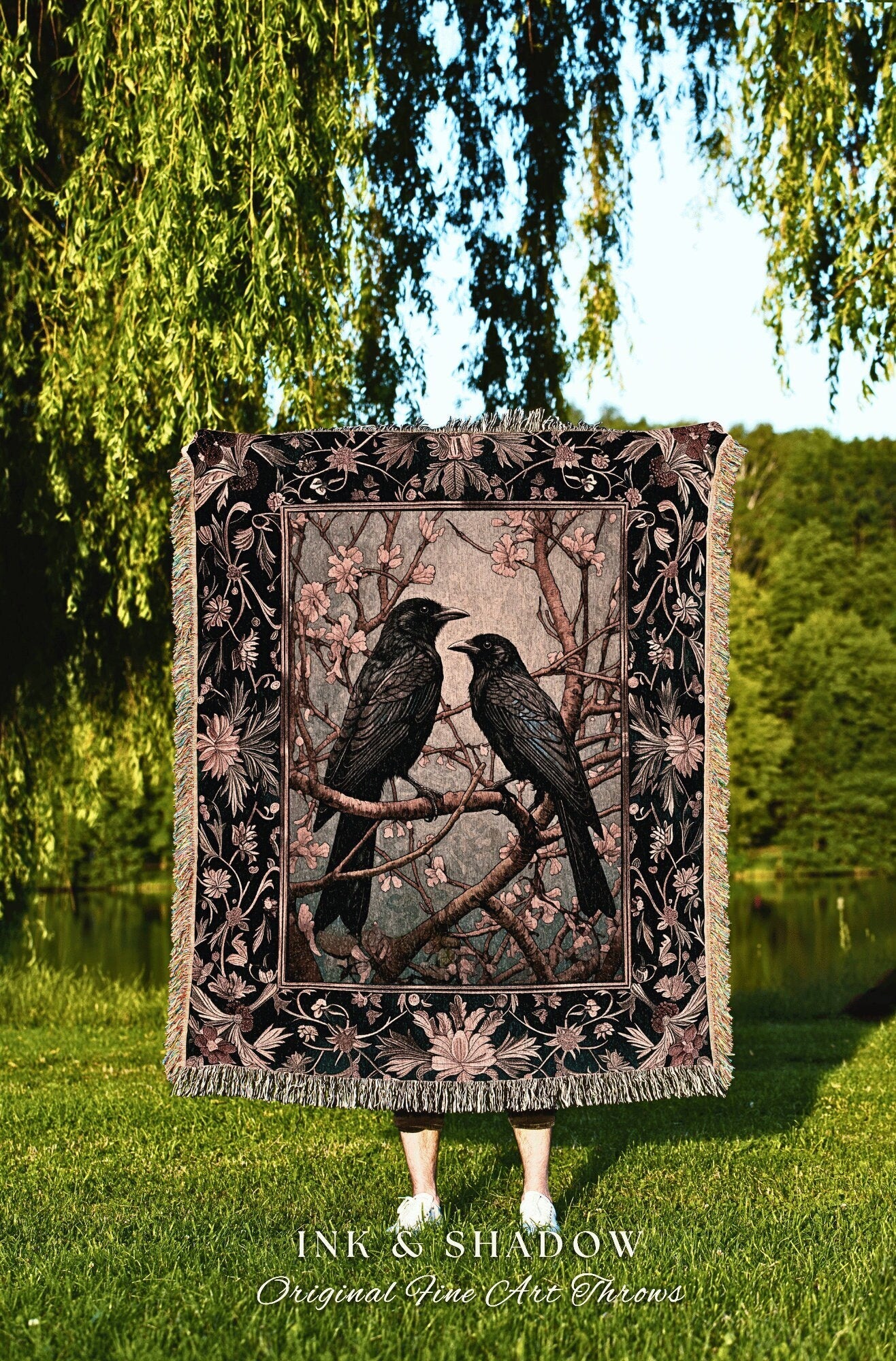 Boho Fairycore Decor Raven Aesthetic Cottagecore Room Decor Crow Gothic Blanket Tapestry Woven Black Raven Art Decor Whimsigoth Room Decor