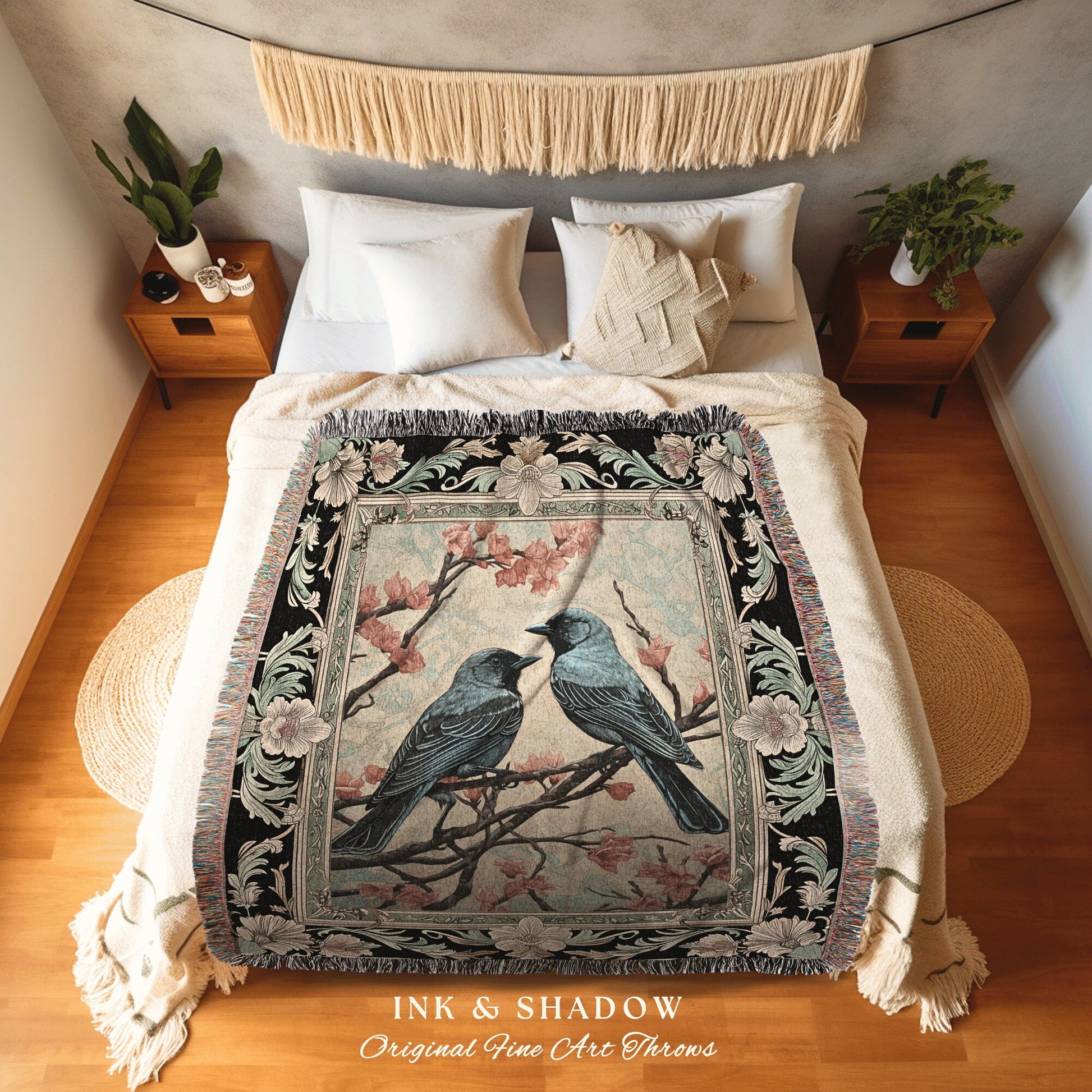 Light Gothic Tapestry Raven Throw Home Decor Bird Lover Woven Art Blanket Fall Crowcore Soft Cottagecore Decor Victorian Goth Aesthetic