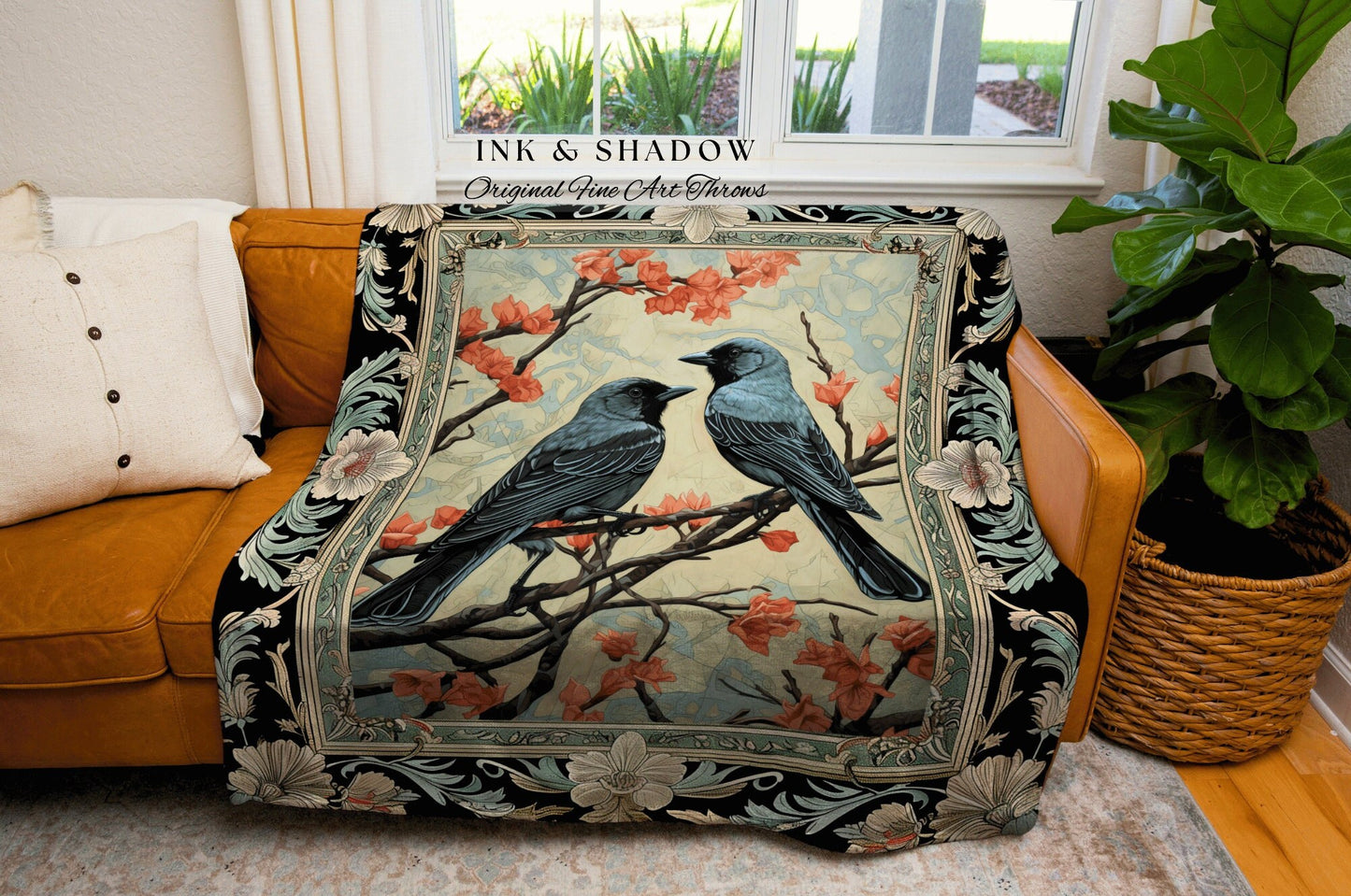 Light Gothic Tapestry Raven Throw Home Decor Bird Lover Woven Art Blanket Fall Crowcore Soft Cottagecore Decor Victorian Goth Aesthetic