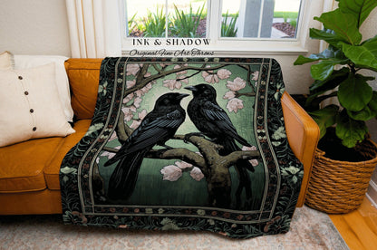 Gothic Black Raven Blanket Crow Woodland Fairycore Aesthetic Bird Art Tapestry Woven Throw Dark Cottagecore Floral Crowcore Whimsigoth Gift