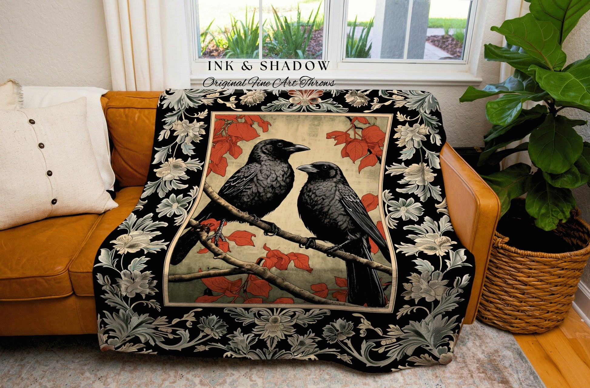 Black Crow Bird Tapestry Blanket Woven Wall Art Crowcore Raven Decor Gift Dark Aesthetic Cottagecore Tapestry Woven Throw Whimsigoth Decor