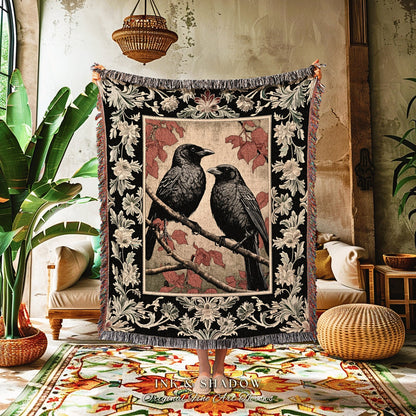 Black Crow Bird Tapestry Blanket Woven Wall Art Crowcore Raven Decor Gift Dark Aesthetic Cottagecore Tapestry Woven Throw Whimsigoth Decor