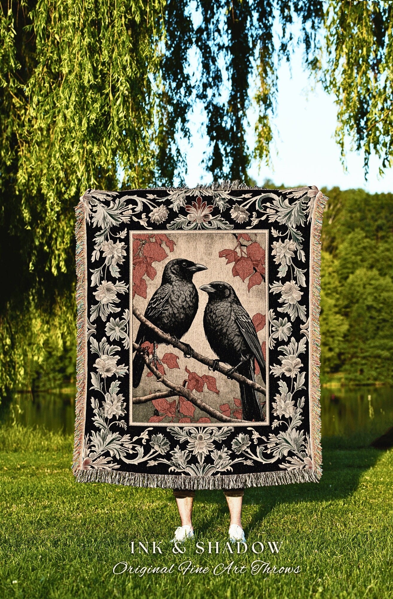 Black Crow Bird Tapestry Blanket Woven Wall Art Crowcore Raven Decor Gift Dark Aesthetic Cottagecore Tapestry Woven Throw Whimsigoth Decor