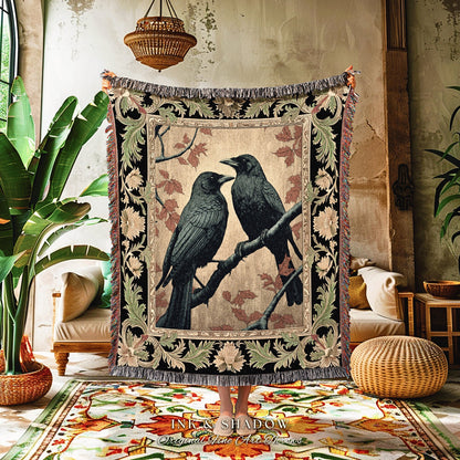 Victorian Gothic Room Decor Crow Tapestry Vintage Aesthetic Blanket Gift Crowcore Light Gothic Woven Black Raven Woodland Fairy Core Throw