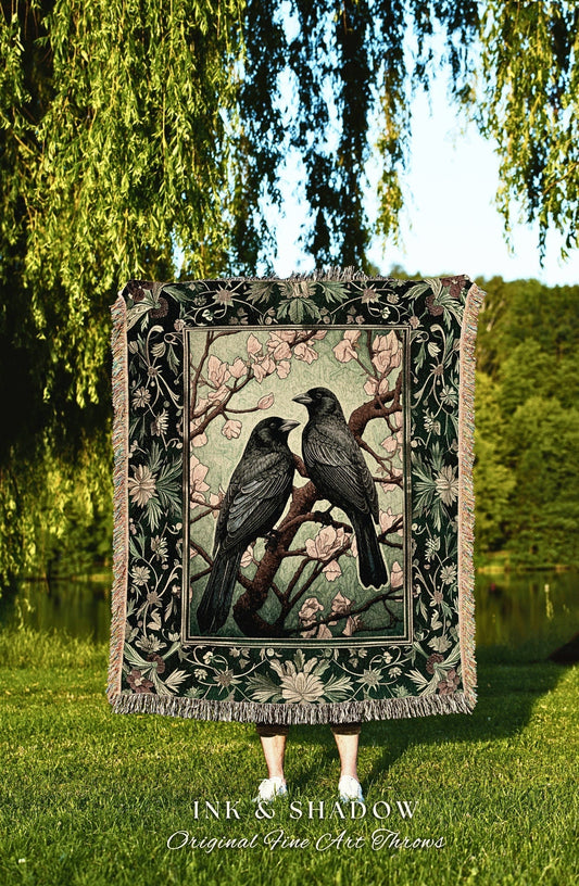 Woven Tapestry Soft Cottagecore Decor Light Academia Decor Vintage Aesthetic Whimsigoth Tapestry Raven Woodland Floral Home Decor Fairycore