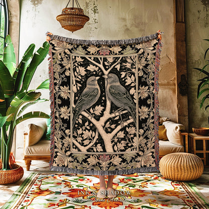 Victorian Gothic Raven Throw Dark Academia Tapestry Crowcore Cottagecore Home Decor Vintage Aesthetic Tapestry Crow Art Decor Blanket Woven