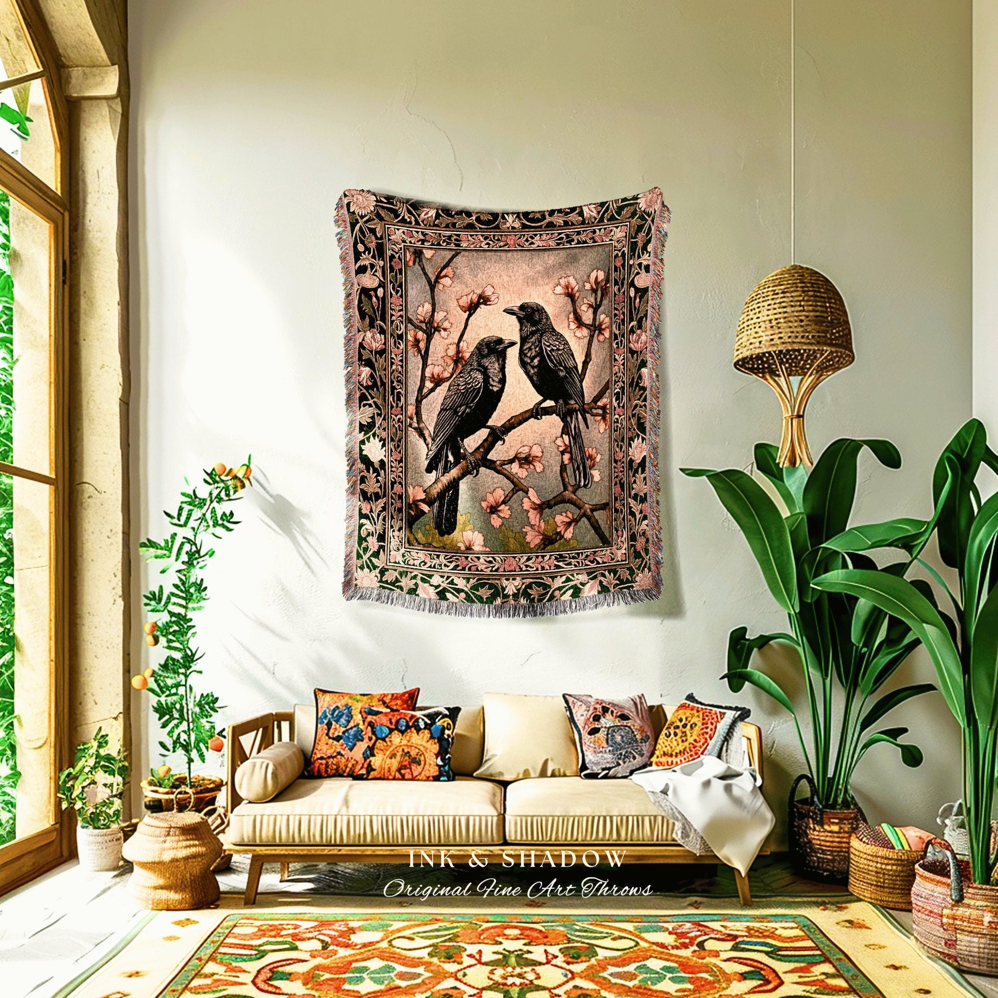 Whimsical Light Academia Raven Throw Cottagecore Crowcore Grunge Fairycore Woodland Gothic Woven Tapestry Floral Vintage Crow Aesthetic