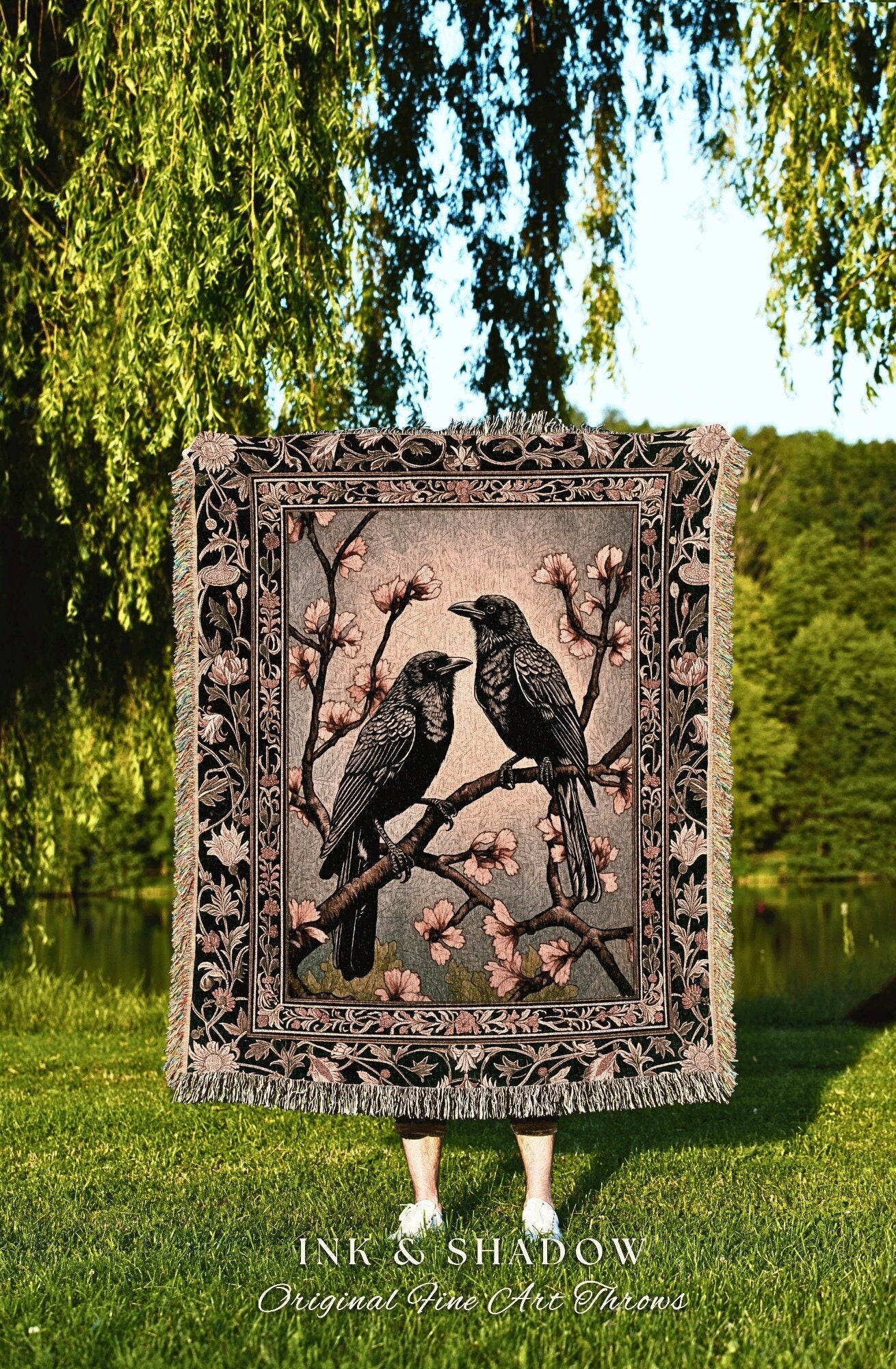 Whimsical Light Academia Raven Throw Cottagecore Crowcore Grunge Fairycore Woodland Gothic Woven Tapestry Floral Vintage Crow Aesthetic