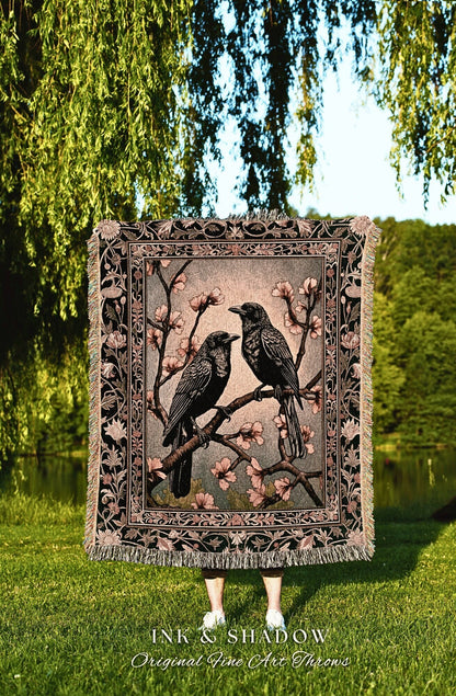 Whimsical Light Academia Raven Throw Cottagecore Crowcore Grunge Fairycore Woodland Gothic Woven Tapestry Floral Vintage Crow Aesthetic