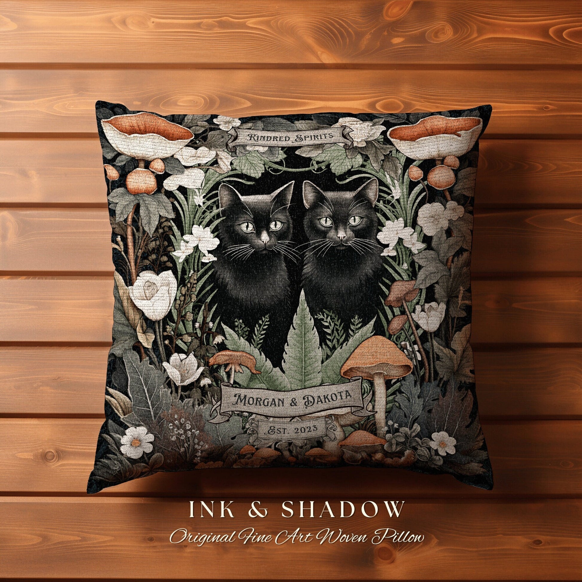 Gothic Black Cat Couple Pillow | Woven Throw Pillow Personalized Couple Gift Dating Anniversary Custom Last Name Gift Cat Lovers Pillow Gift