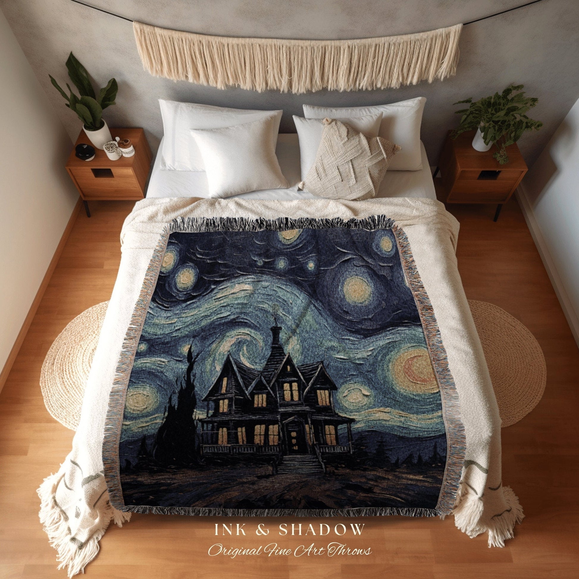 Haunted House Blanket Woven Tapestry Van Gogh Decor | Starry Night Painting Tapestry Woven Blanket Halloween Decor Spooky Landscape Tapestry