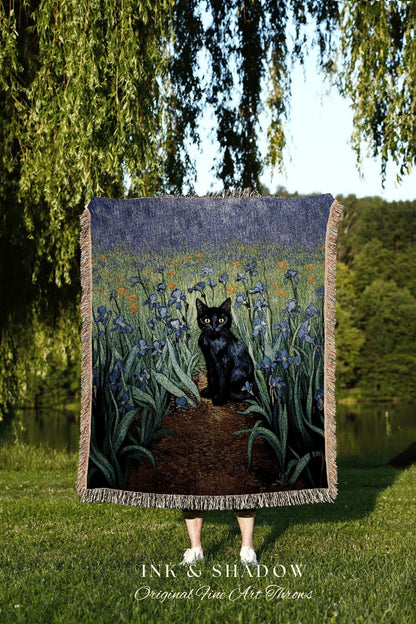 Iris Tapestry Vincent Van Gogh Painting Black Cat Art | Funny Tapestry Van Gogh Inspired Throw Blanket Woven Wall Art Cat Decor Eclectic |