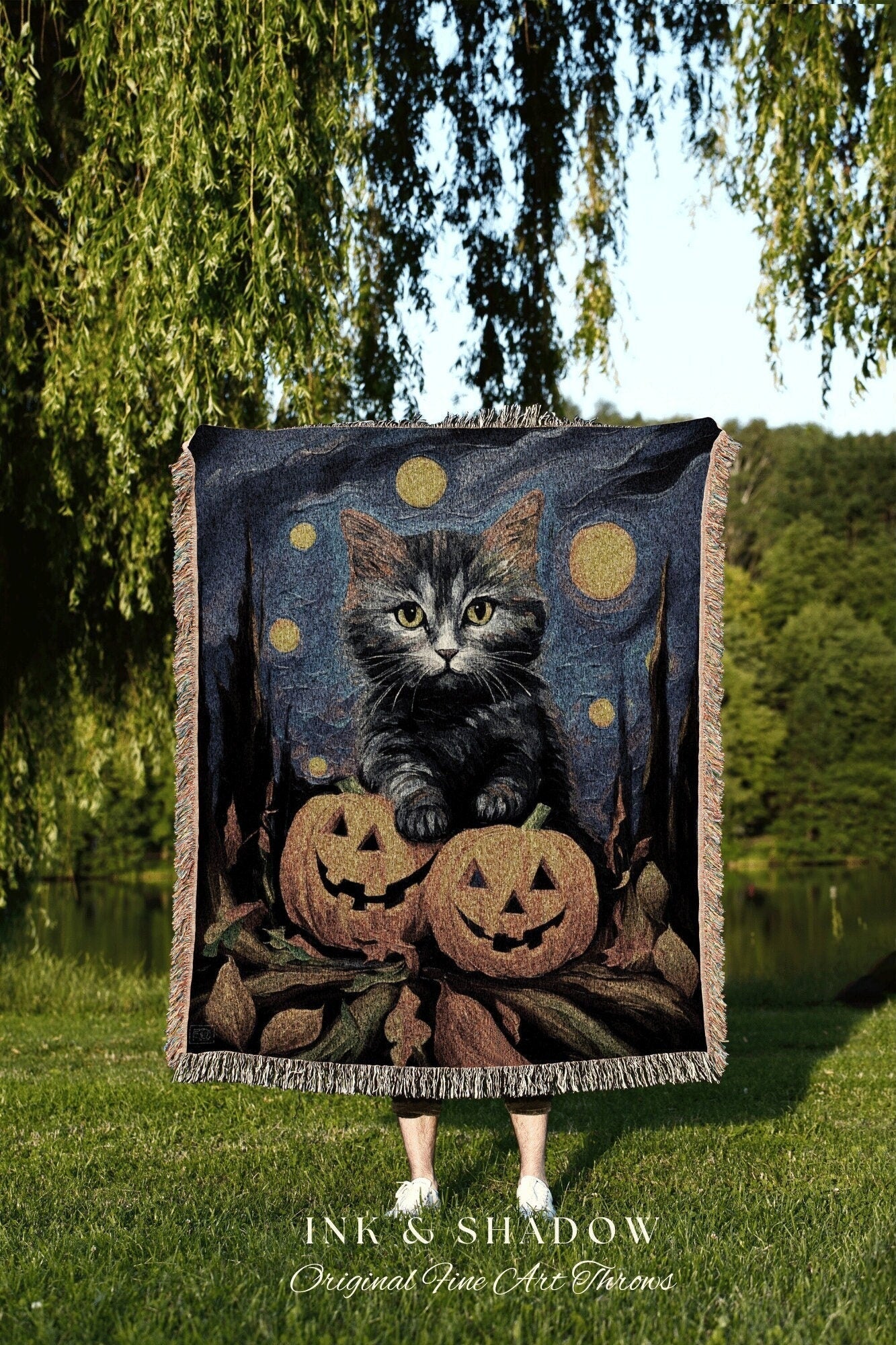 Halloween Kitty Blanket Woven Tapestry Van Gogh Decor | Cute Cat Tapestry Woven Blanket Halloween Pumpkin Decor Spooky Halloween Tapestry |