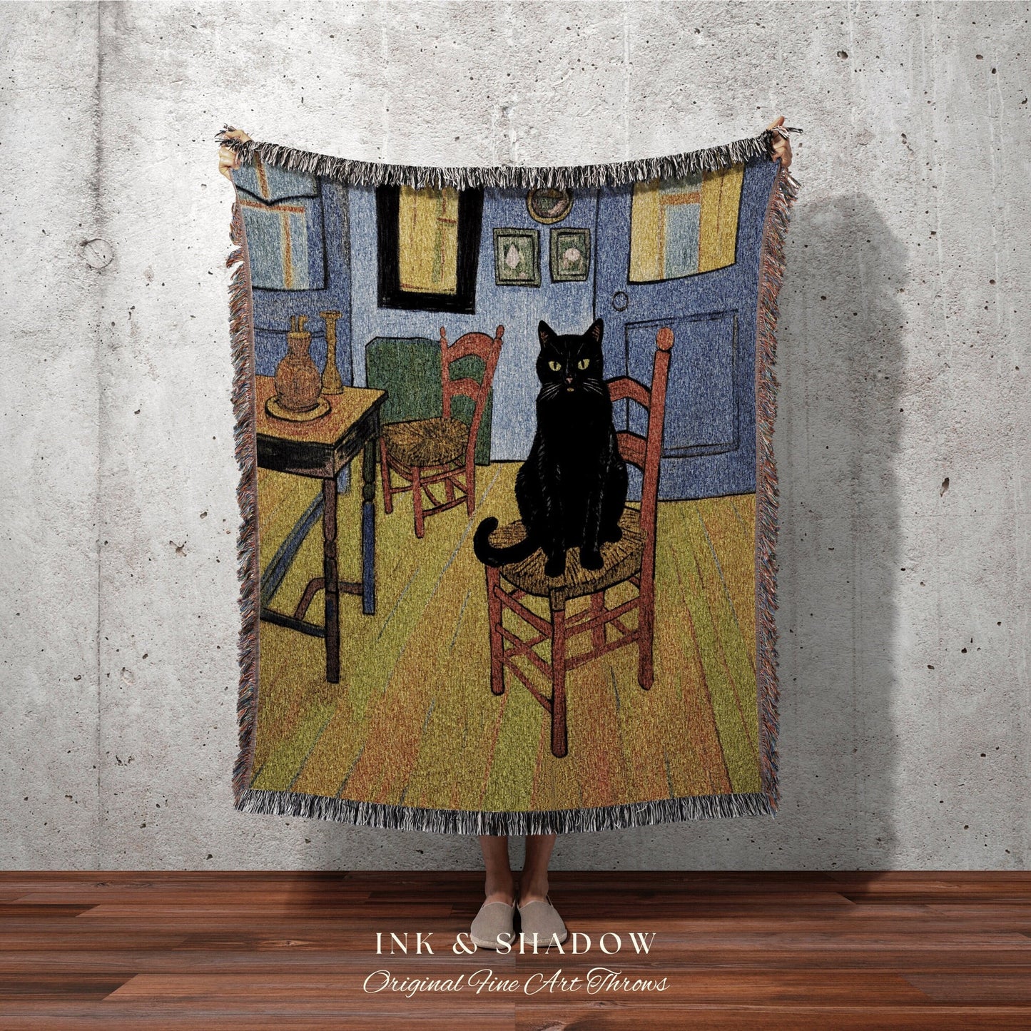 Van Gogh Inspired Tapestry Black Cat Blanket | Eclectic Room Decor Van Gogh Inspired Art Blanket | Funny Tapestry Black Cat Goth Dorm Decor