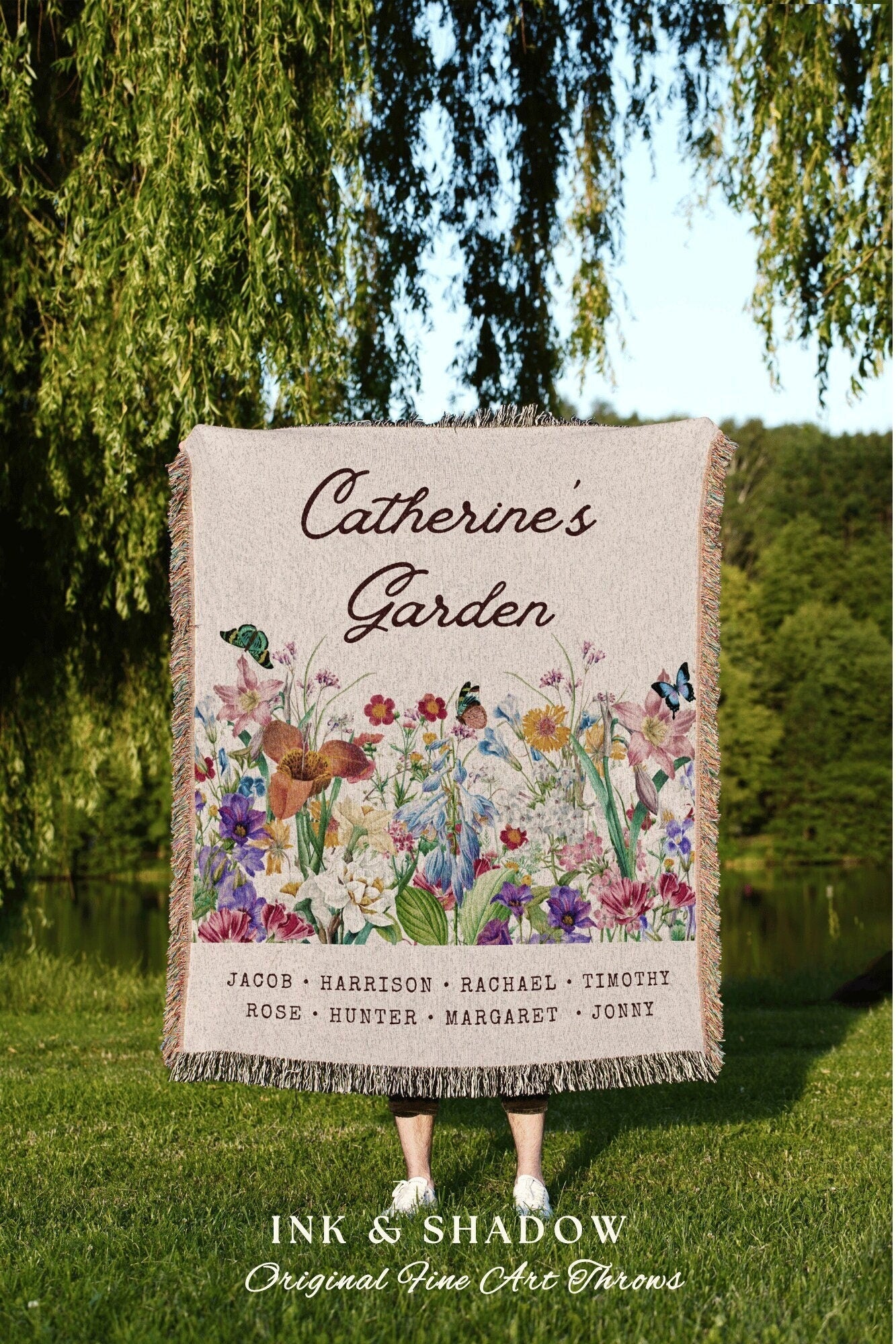 Mom's Garden Custom Blanket | Personalized Last Name Tapestry Meaningful Gift for Grandma Sentimental Family Heirloom Throw Grandkid's Names