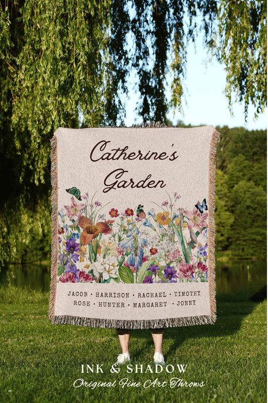 Mom's Garden Custom Blanket | Personalized Last Name Tapestry Meaningful Gift for Grandma Sentimental Family Heirloom Throw Grandkid's Names