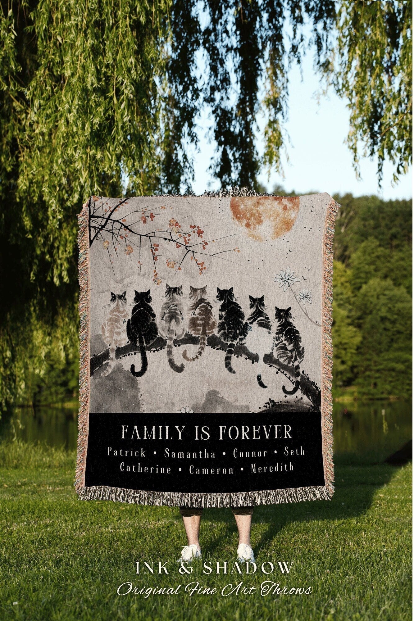 Cat Family Blanket Personalized | Woven Throw Custom Family Name Sign Love Mom Blanket Gift from Kids Cottagecore Tapestry Cat Lover Gift