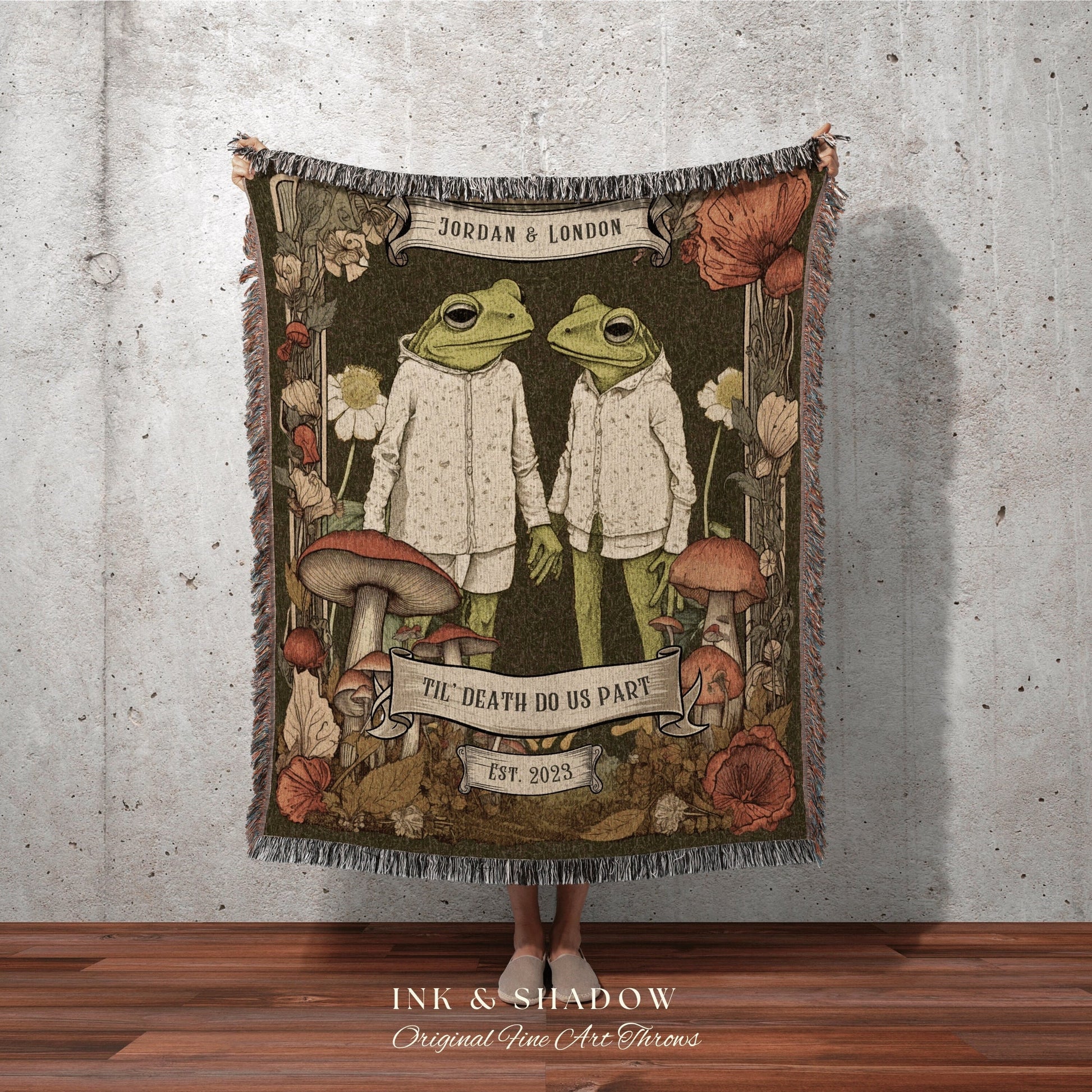 Whimsigoth Frog Couple Blanket | Custom Anniversary Gift Tapestry Woven Throw Vintage Frog & Toad Goblincore Blanket Custom Wedding Gift |