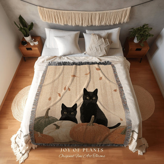 Fall Aesthetic Room Decor Black Cat Tapestry Blanket | Boho Room Decor Van Gogh Inspired Art Blanket | Autumn Decor Tapestry Black Cat Decor