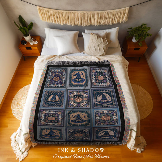 Cute Cottagecore Boho Tapestry Throw Witch Hats & Pumpkin Halloween Goth Decor Spooky Retro Witchy Aesthetic Whimsical Fall Picnic Blanket