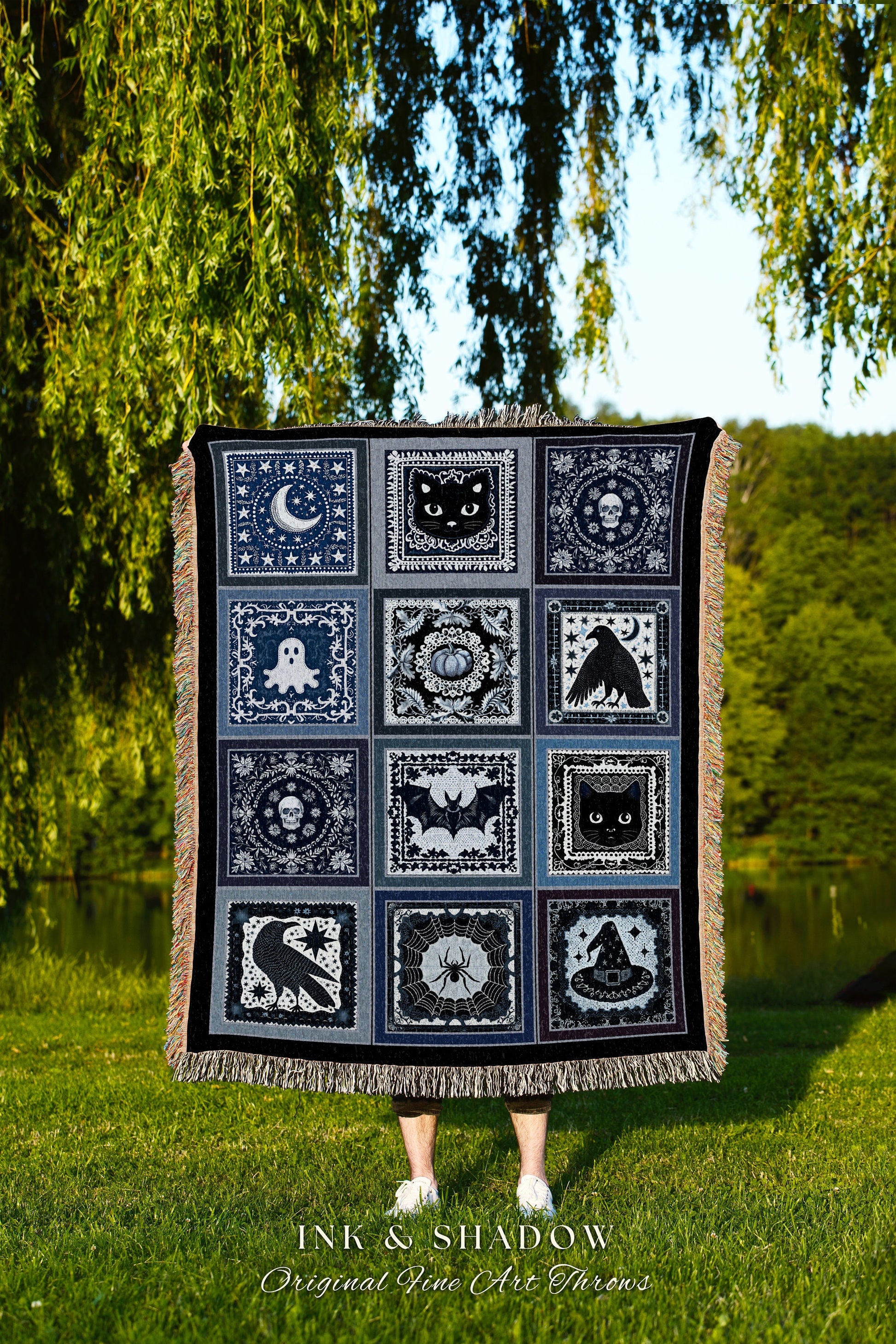 Indigo Blue Gothic Halloween Blanket Witchy Magic Whimsical Unique Spooky Nights Gift Mystic Throw Blanket Cozy Elegance Whimsigoth Decor