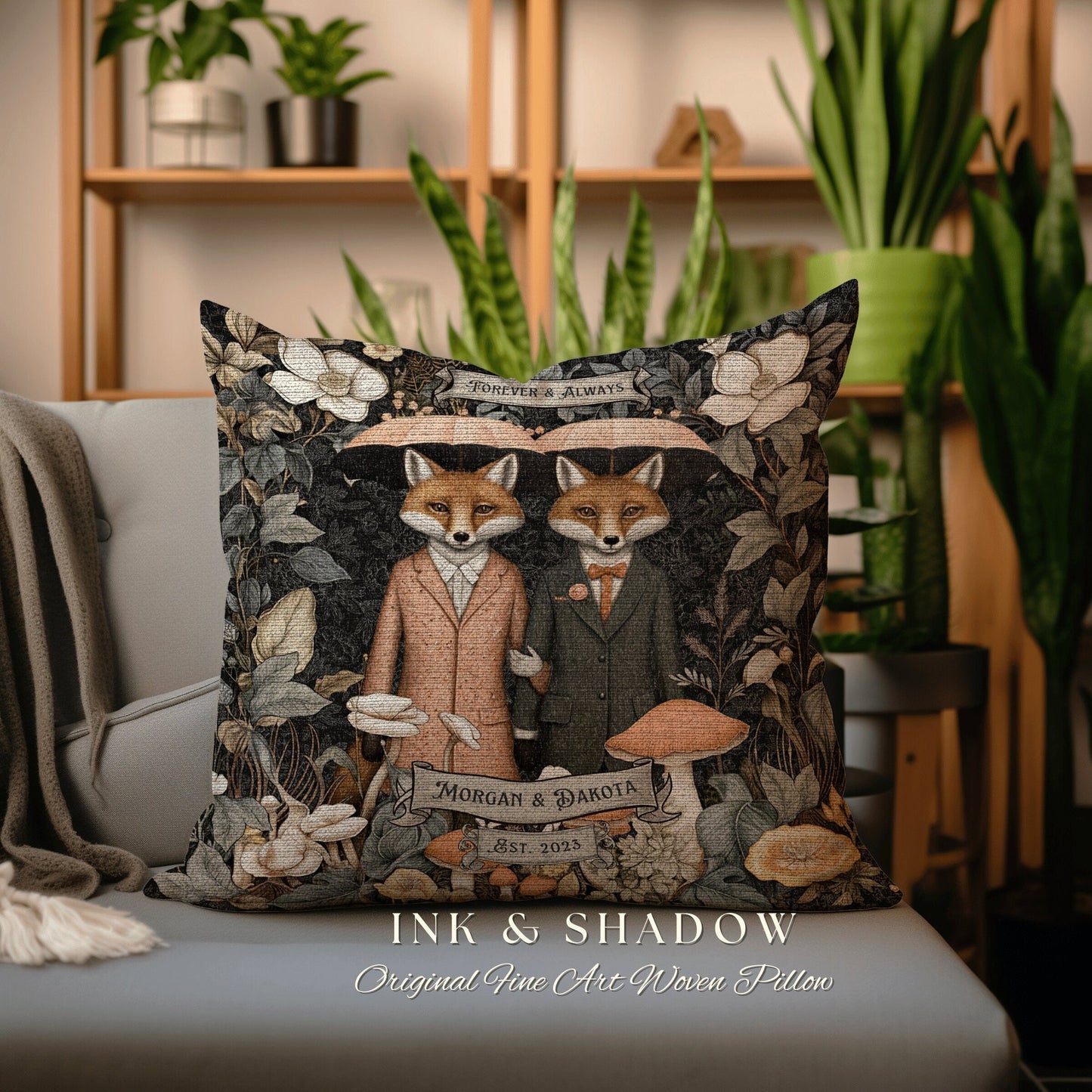 Fox Couple Pillow Custom Name Gift | Woodland Decor Custom Dating Anniversary Meaningful Gift Housewarming Pillow Cottagecore Fox Couple |