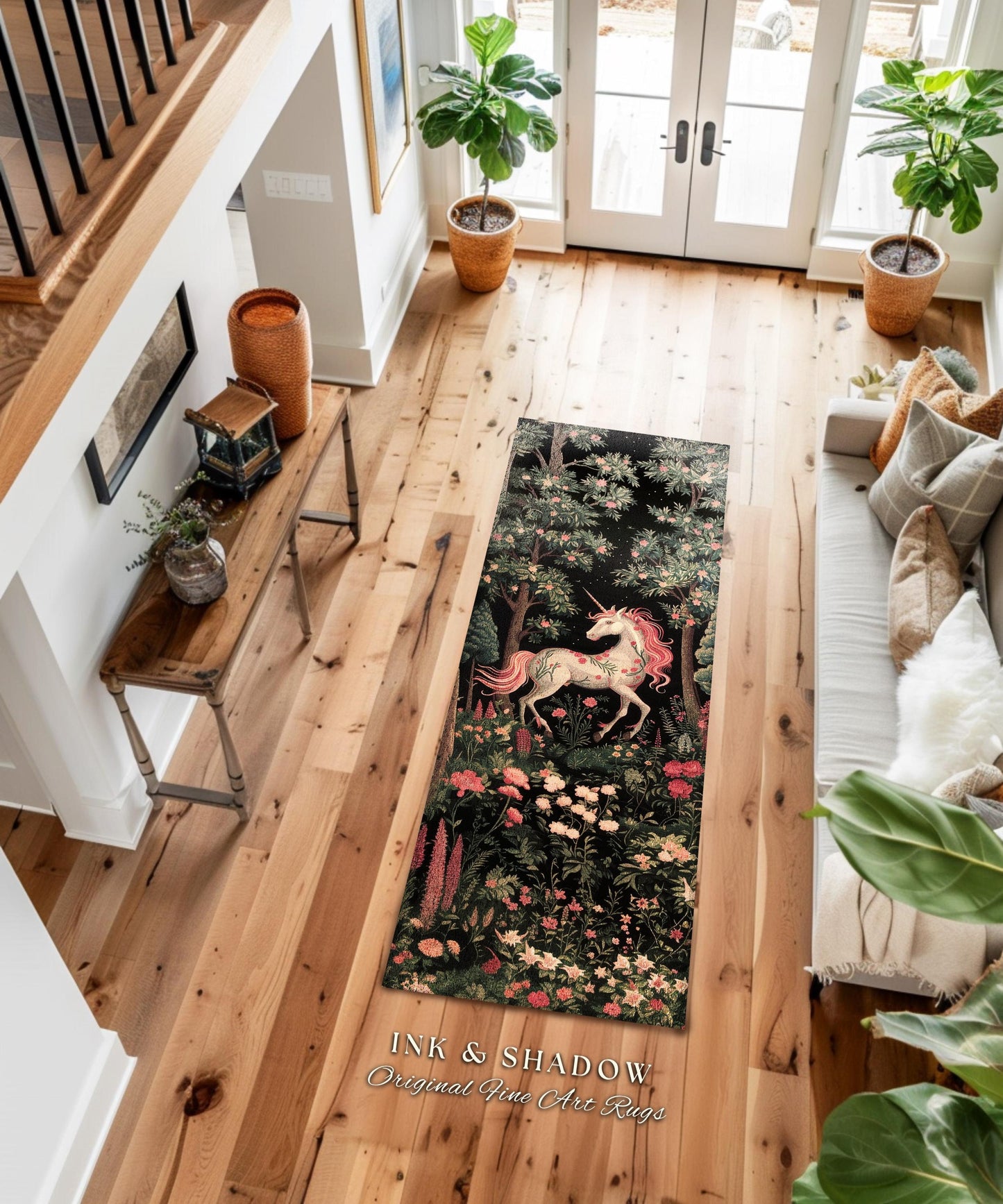 Magical Unicorn Enchanted Forestcore Runner Rug | Woodland Gothic Aesthetic Whimsical Pink Floral Unicorn Hallway Runner Fairycore Decor Rug