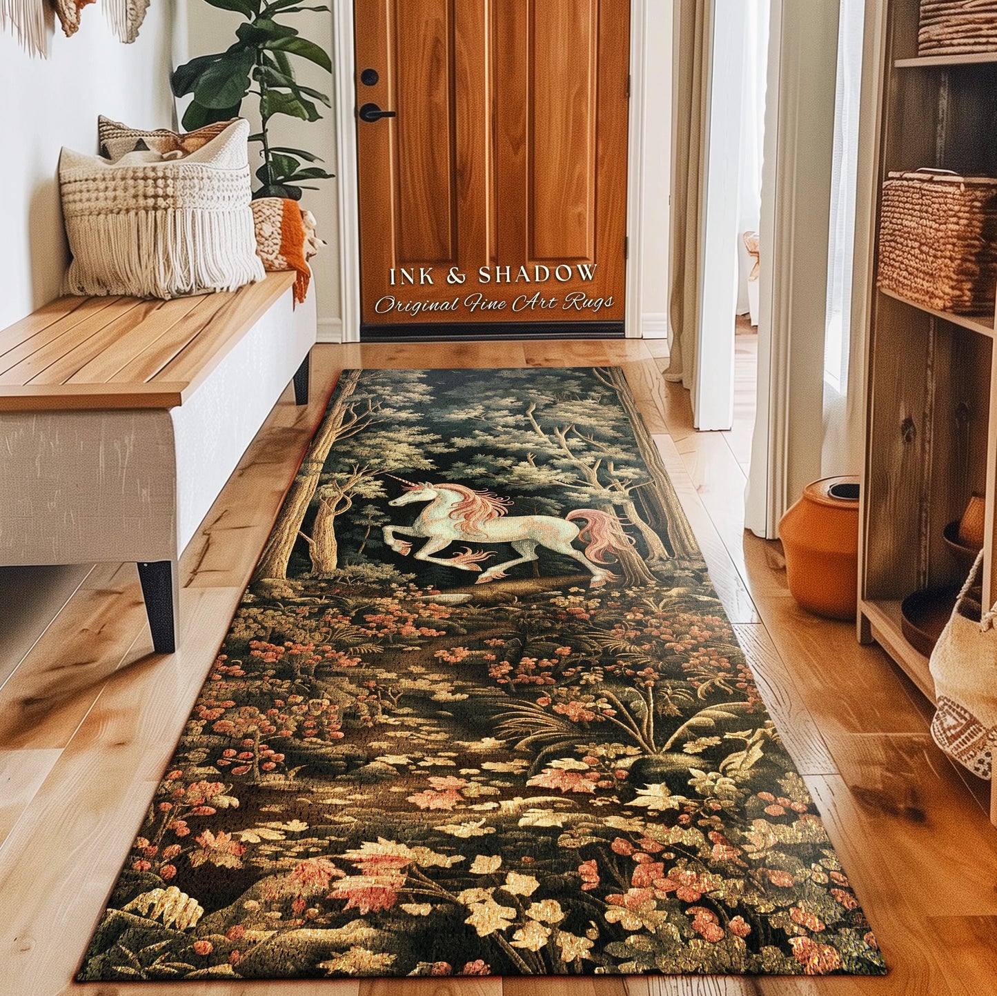 Medieval Unicorn Rug Woodland Aesthetic Enchanted Forest Decor | Whimsical Cottagecore Fantasy Art Mystic Forestcore Vintage Gothic Runner