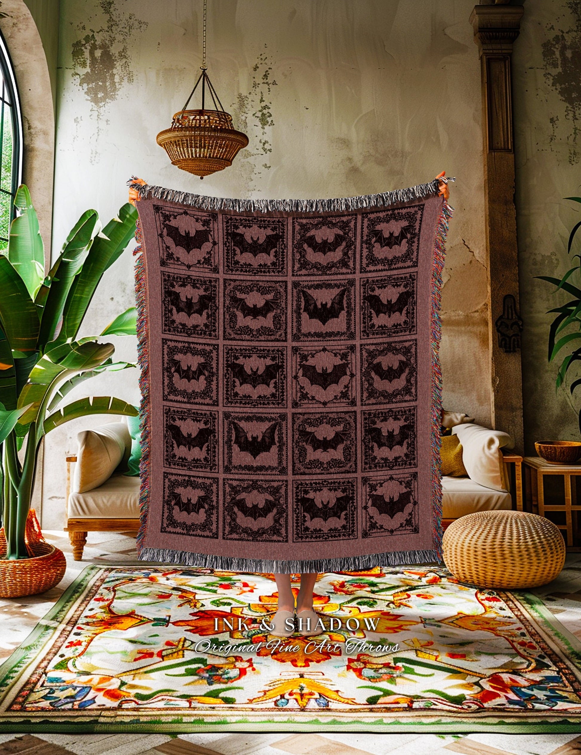 Gothic Mauve Bat Tapestry Blanket | Rustic Halloween Tapestry Cottagecore Wall Art Spooky Season Decor Bat Lover Gift Victorian Aesthetic |