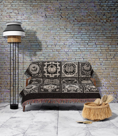 Black & White Pumpkin Throw Blanket Woven | Retro Halloween Home Decor Woven Throw Fall Vibes Cozy Accent Blanket Spooky Season Decoration |