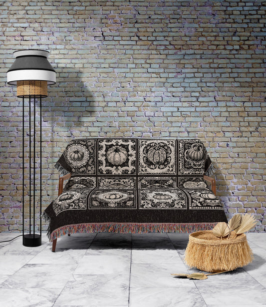 Black & White Pumpkin Throw Blanket Woven | Retro Halloween Home Decor Woven Throw Fall Vibes Cozy Accent Blanket Spooky Season Decoration |