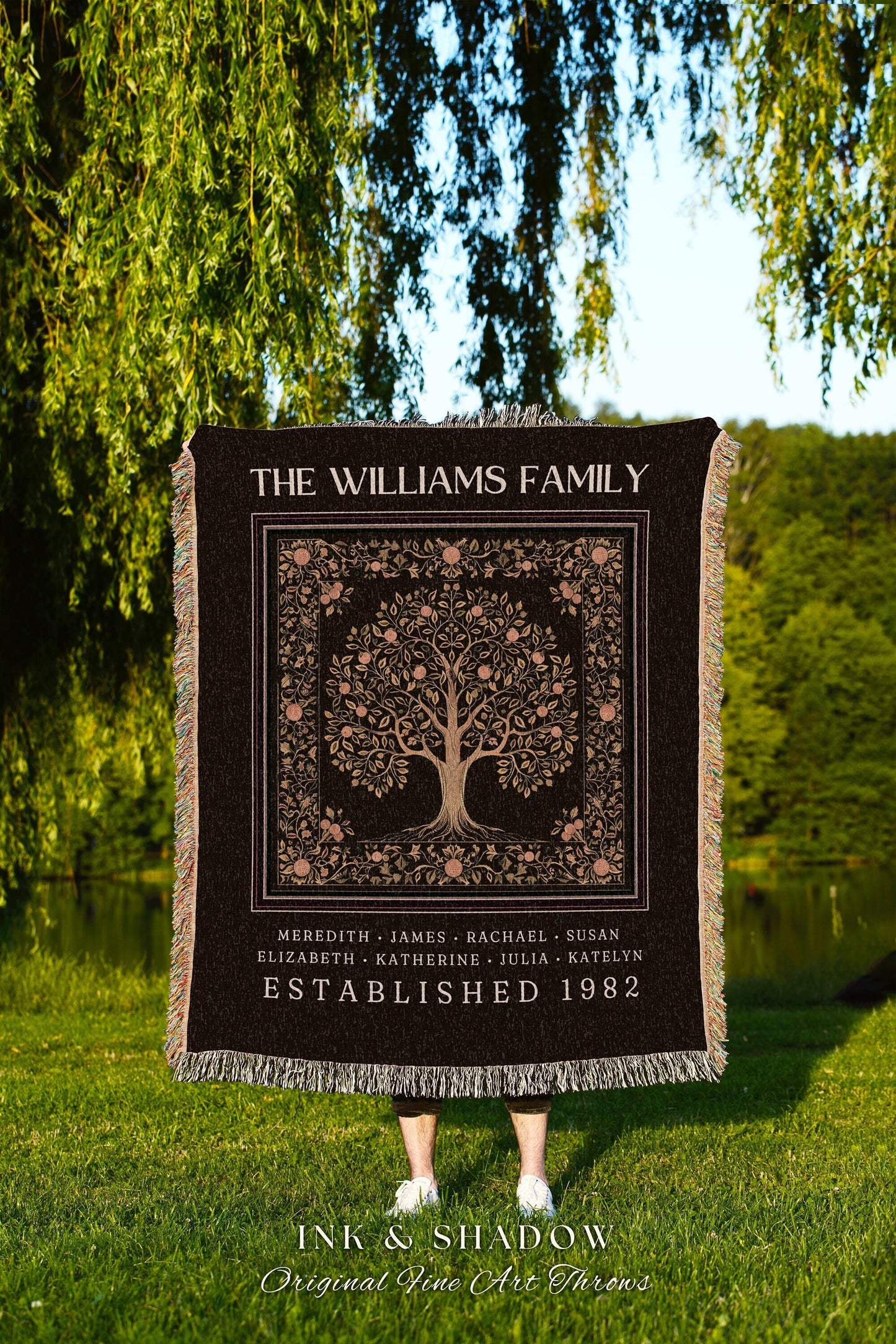 Victorian Gothic Family Tree of Life Blanket Unique Thoughtful Personalized Tapestry Throw With Names Heirloom Gifts Keepsake Family Tree