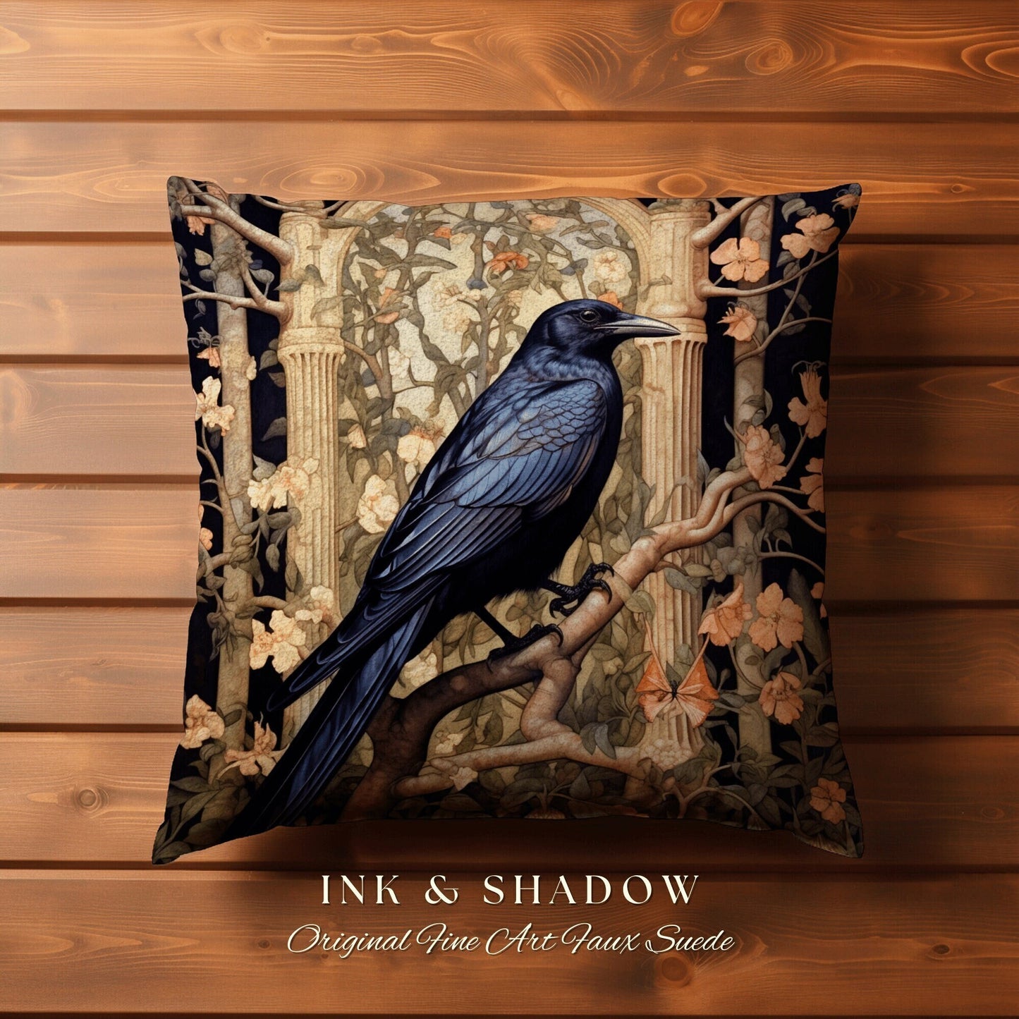 Crowcore Nature Pillow Woven | Gothic Pillow William Morris Art Pillow Raven Decor Crow Core Pillow Maximalist Rustic Pillow Dark Woodland