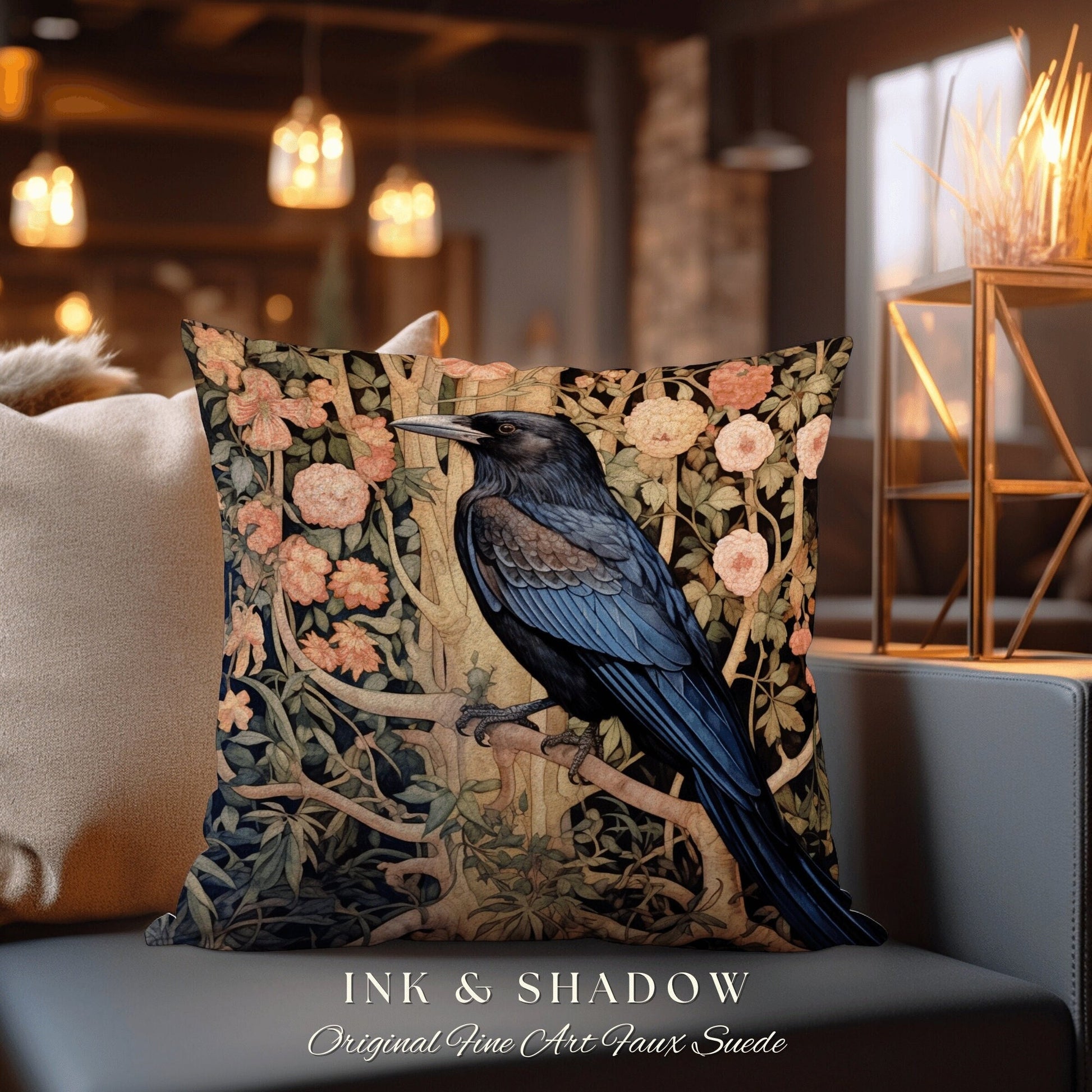 Dark Raven Accent Pillow | Gothic Decor Crowcore William Morris Inspired Pillow Aesthetic Medieval Woven Pillow Victorian Crow Core