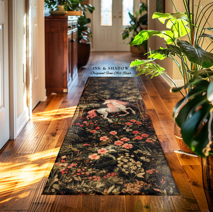 Enchanted Forest Mythical Unicorn Runner Ethereal Botanical Fairycore Rug | Woodland Gothic Dark Floral Magical Creature Fairytale Decor