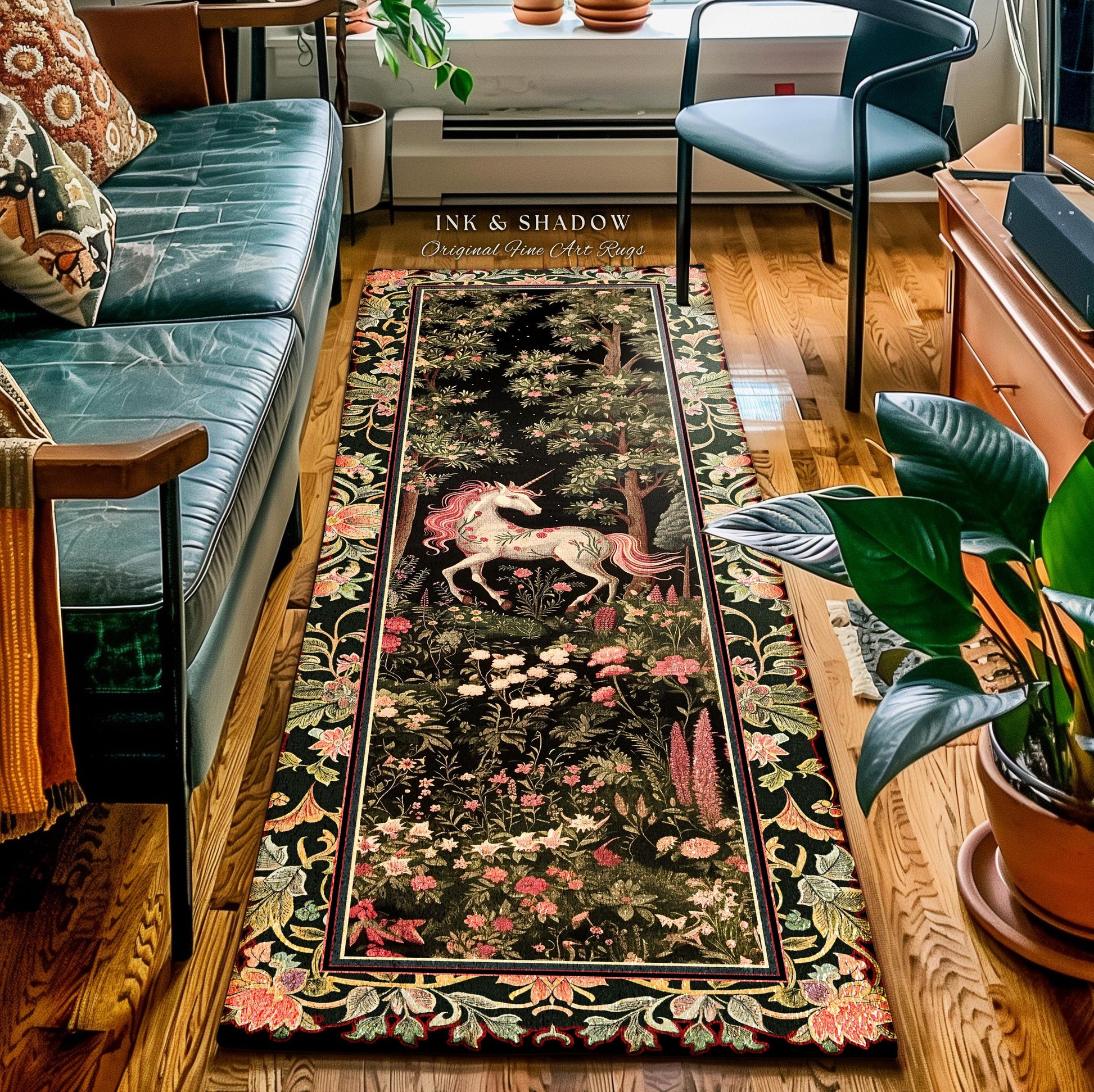 Enchanted Forest Unicorn Floral Runner Rug Mystical Medieval Style Romantic Renaissance Baroque Art, Vintage Fairycore Wildflower Home Decor