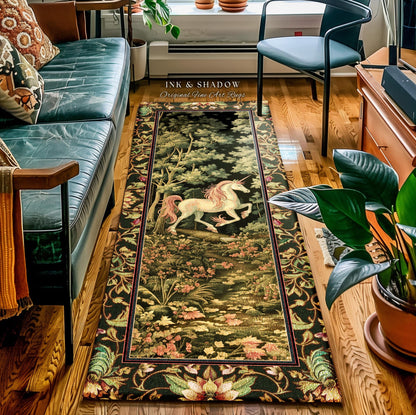 Medieval Unicorn Runner Rug Dark Woodland Aesthetic, Enchanted Forest Decor, Whimsical Magic Cottagecore Mystic Fairytale Forestcore Accent