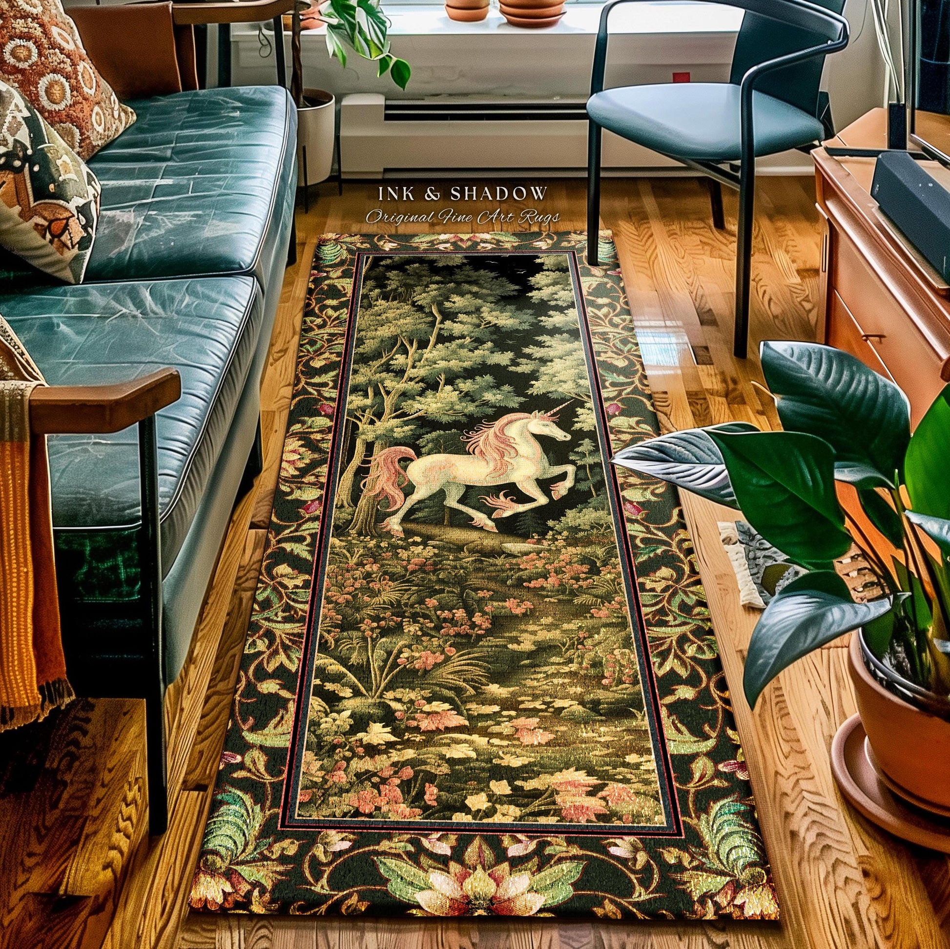Medieval Unicorn Round Area Rug | Dark Woodland Aesthetic Enchanted Forest Decor Whimsical Cottagecore Mystic Fairytale Forestcore Accent |