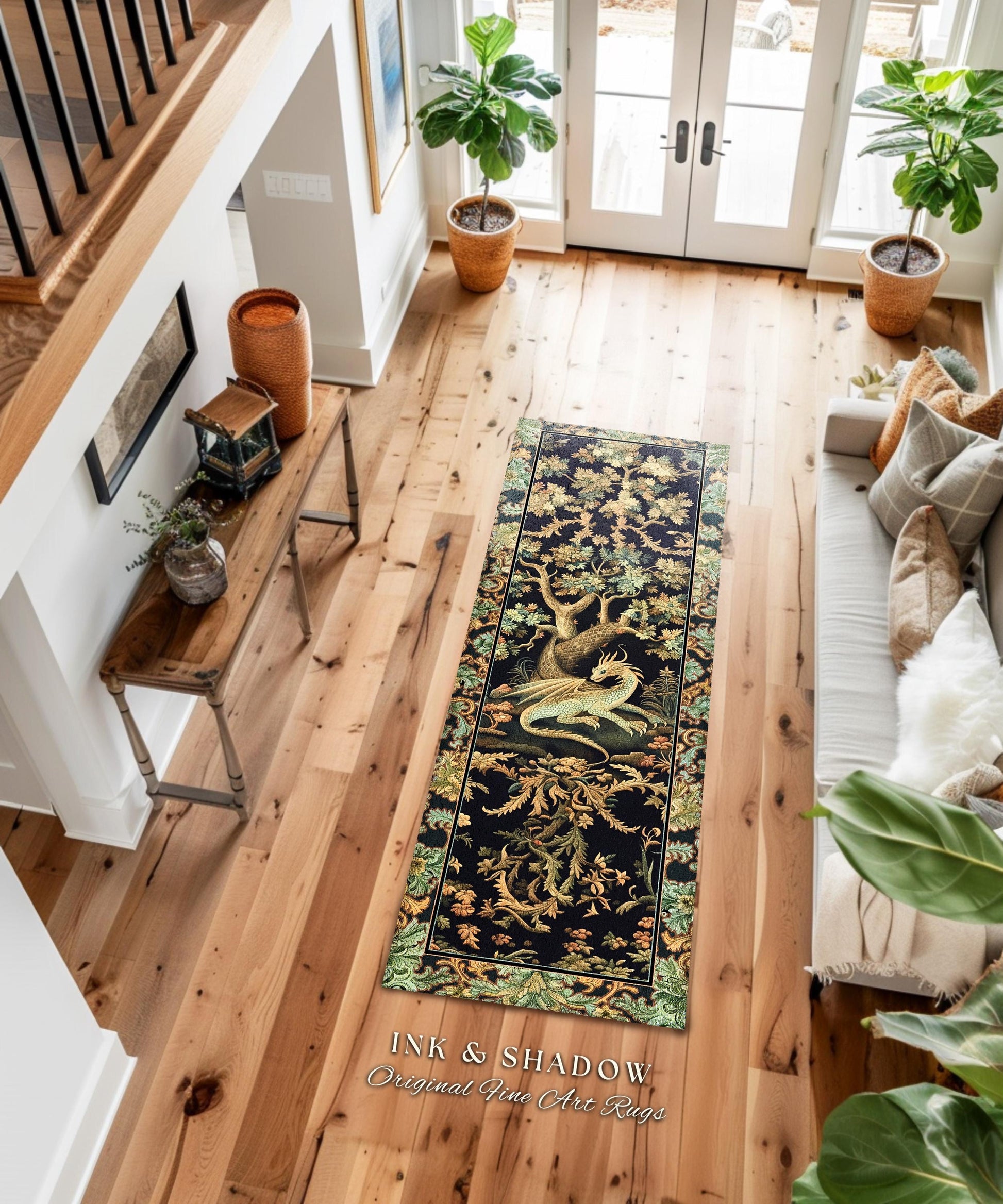 Ethereal Dragon Art Runner Rug Enchanted Aesthetic Fantasy Forest Whimsical Woodland Gothic Decor | Fairytale Whimsy Art Deco Dragon Rugs